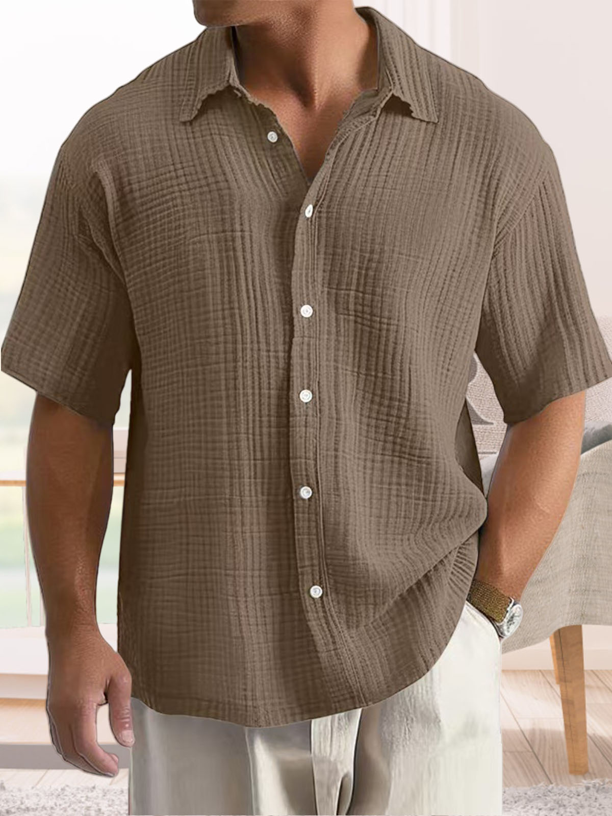 Men's Casual Cotton Short-sleeved Shirt with Lapel