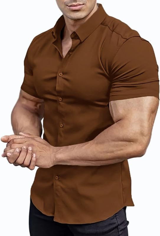 Men’s Muscle Fit Dress Shirts Athletic Slim Fit Short Sleeve Stretch Casual Button Down Shirt