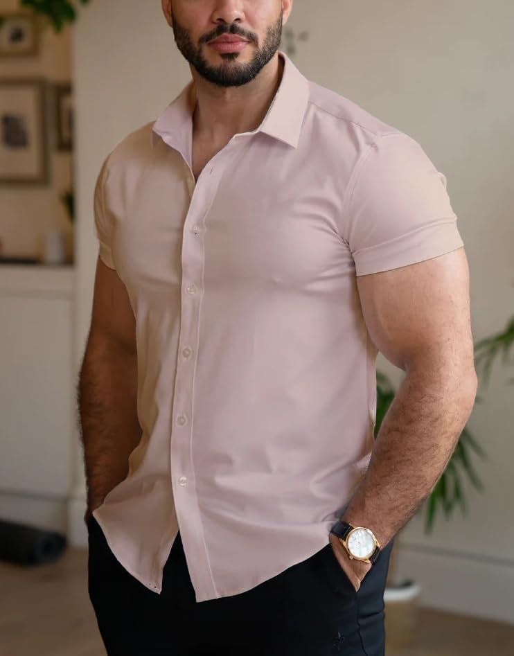 Men’s Muscle Fit Dress Shirts Athletic Slim Fit Short Sleeve Stretch Casual Button Down Shirt