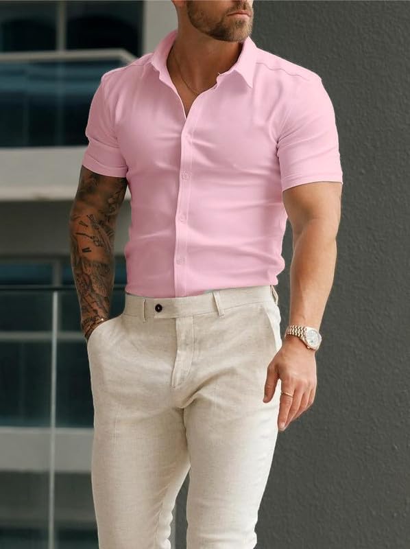 Men’s Muscle Fit Dress Shirts Athletic Slim Fit Short Sleeve Stretch Casual Button Down Shirt