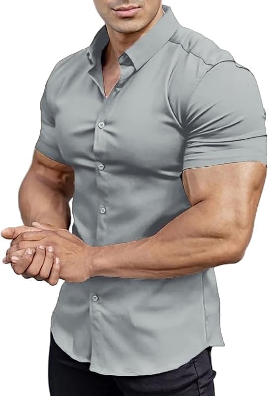 Men’s Muscle Fit Dress Shirts Athletic Slim Fit Short Sleeve Stretch Casual Button Down Shirt