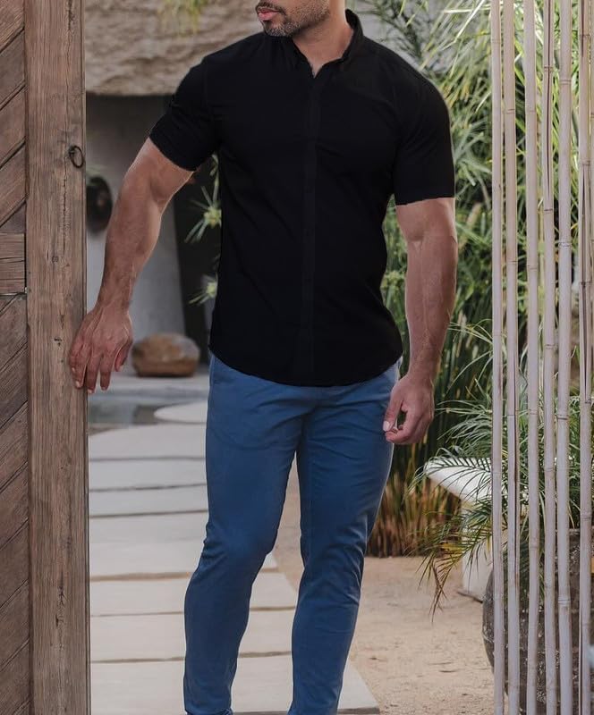 Men’s Muscle Fit Dress Shirts Athletic Slim Fit Short Sleeve Stretch Casual Button Down Shirt