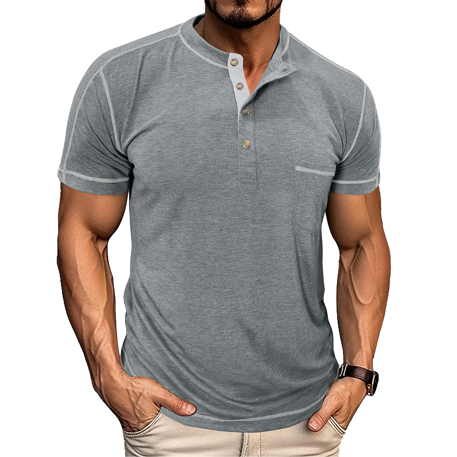 Men's Fashion Contrast-Color Short-Sleeve Henley Base Layer T-Shirt with Round Neck