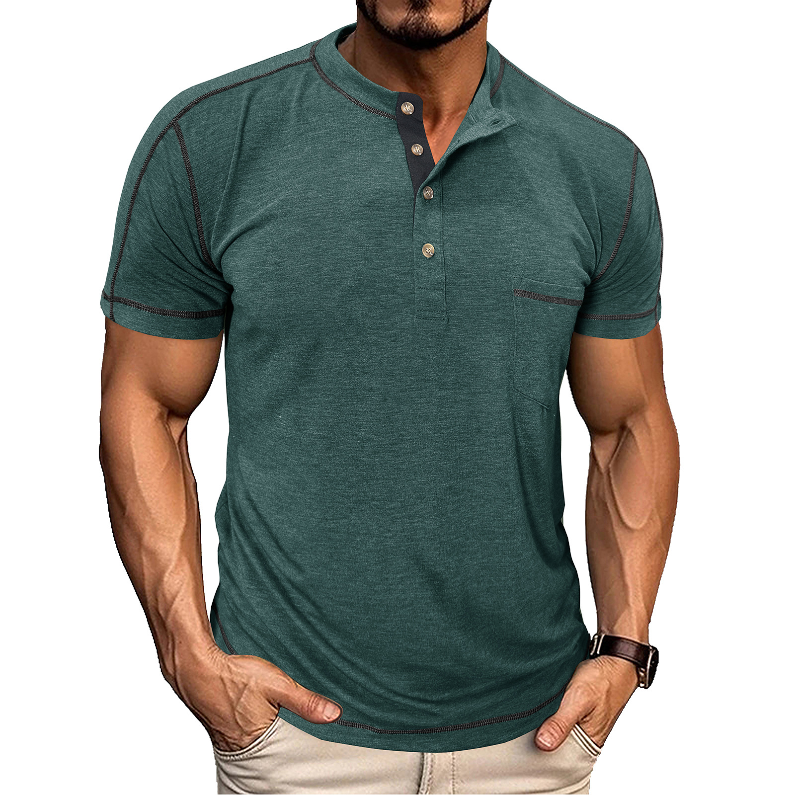 Men's Fashion Contrast-Color Short-Sleeve Henley Base Layer T-Shirt with Round Neck