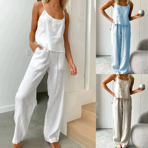 Women's casual sleeveless top and pants cotton and linen set