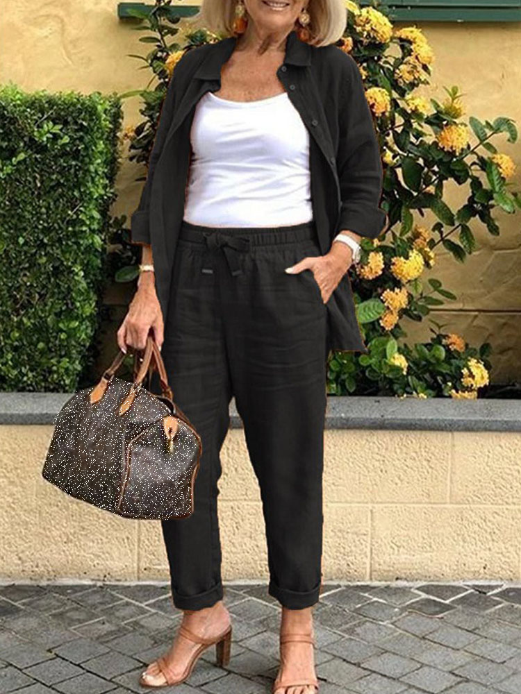 Solid Cotton Linen Women Suits  Casual