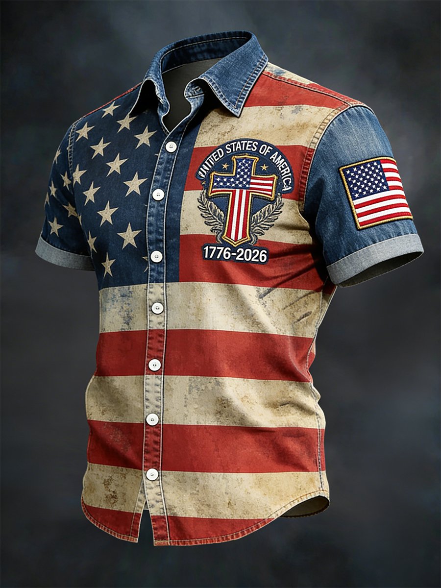 Men's Retro American 250th Anniversary Denim Short-Sleeve Shirt