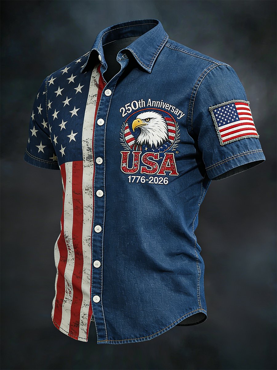 Men's Retro American 250th Anniversary Denim Short-Sleeve Shirt