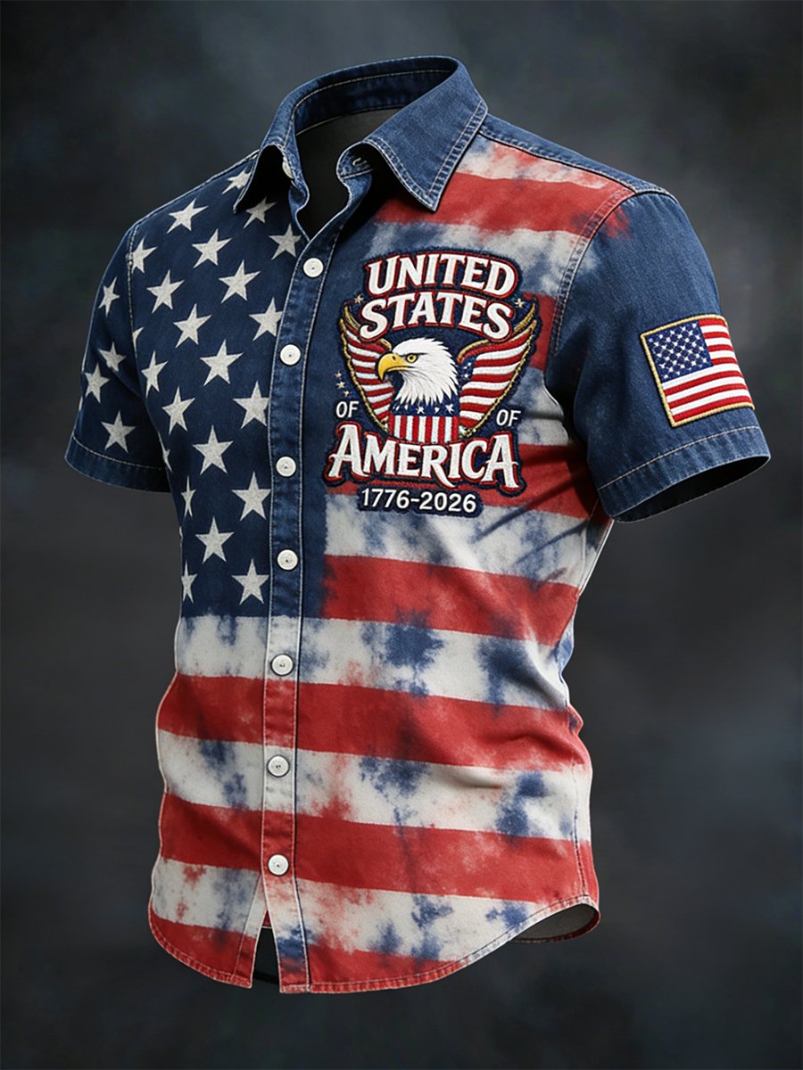 Men's Retro American 250th Anniversary Denim Short-Sleeve Shirt