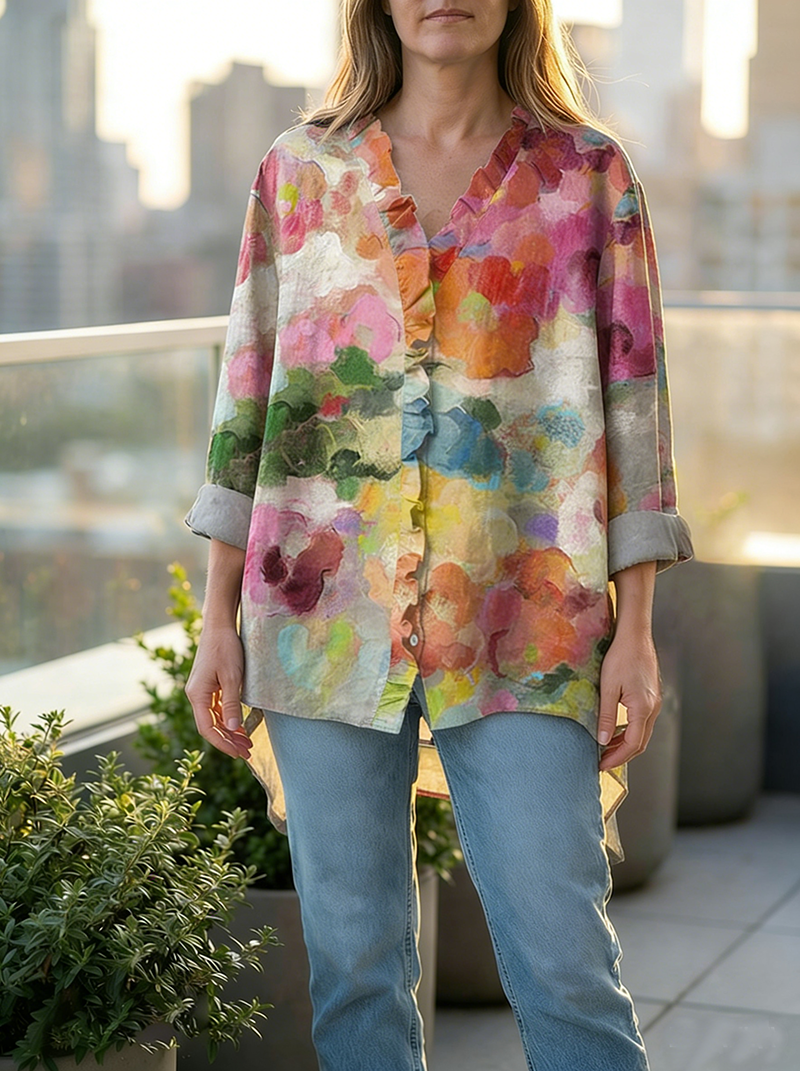 Women's Abstract Print Art Casual Cotton And Linen Shirt