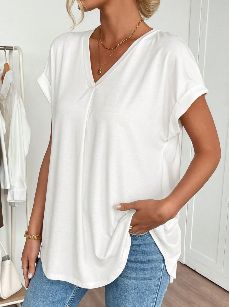 Short-Sleeved Solid Color Patchwork T-Shirt