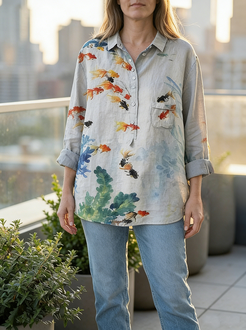 Women's Abstract Print Art Casual Cotton And Linen Shirt