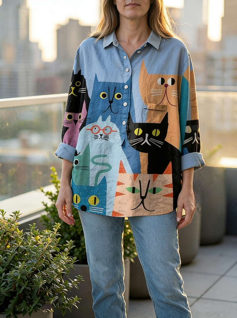 Women's Abstract Print Art Casual Cotton And Linen Shirt