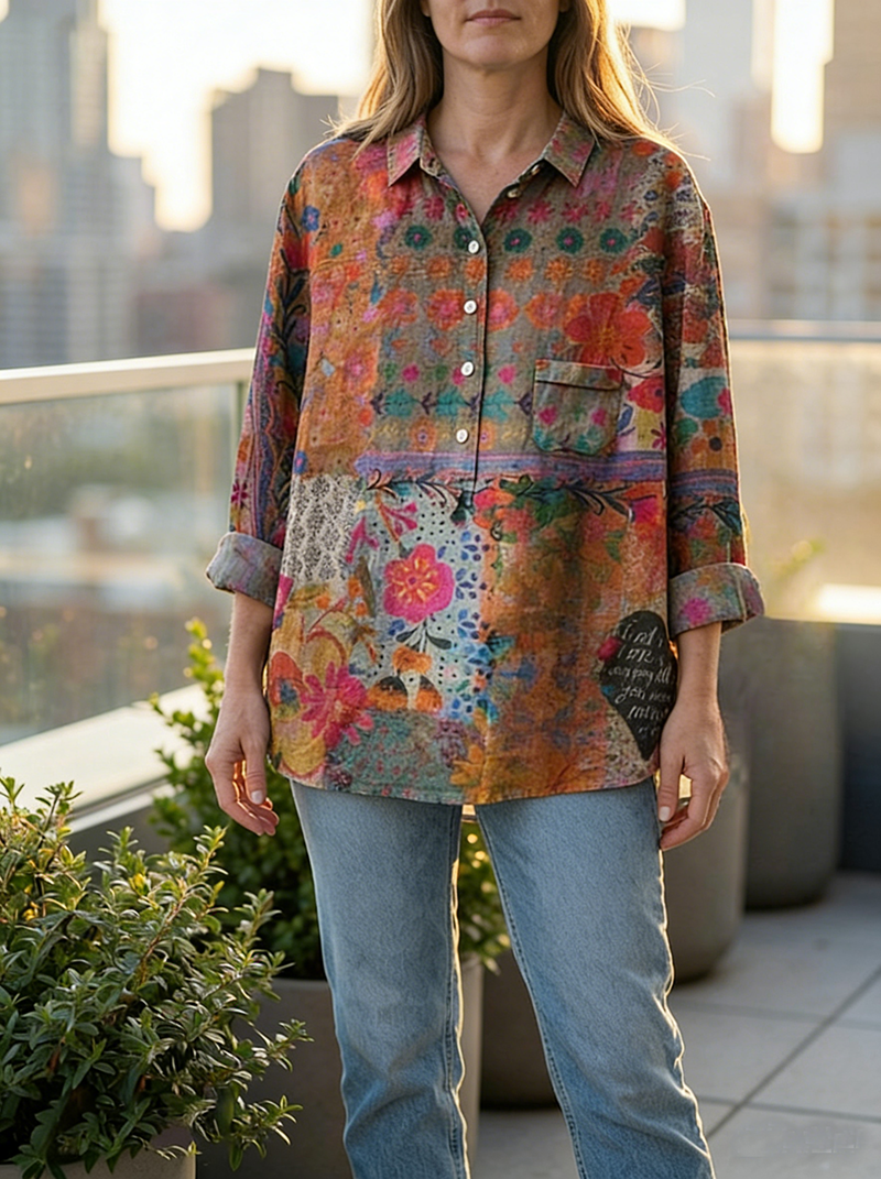 Women's Abstract Print Art Casual Cotton And Linen Shirt