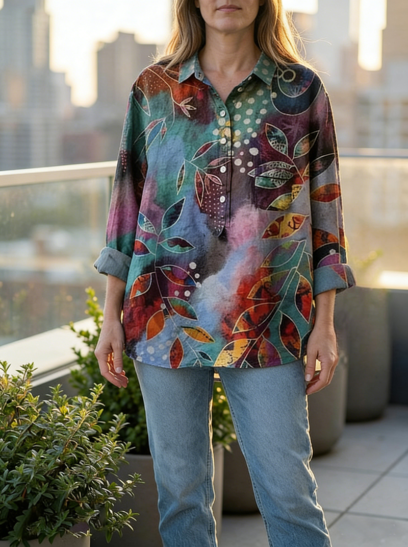 Women's Abstract Print Art Casual Cotton And Linen Shirt