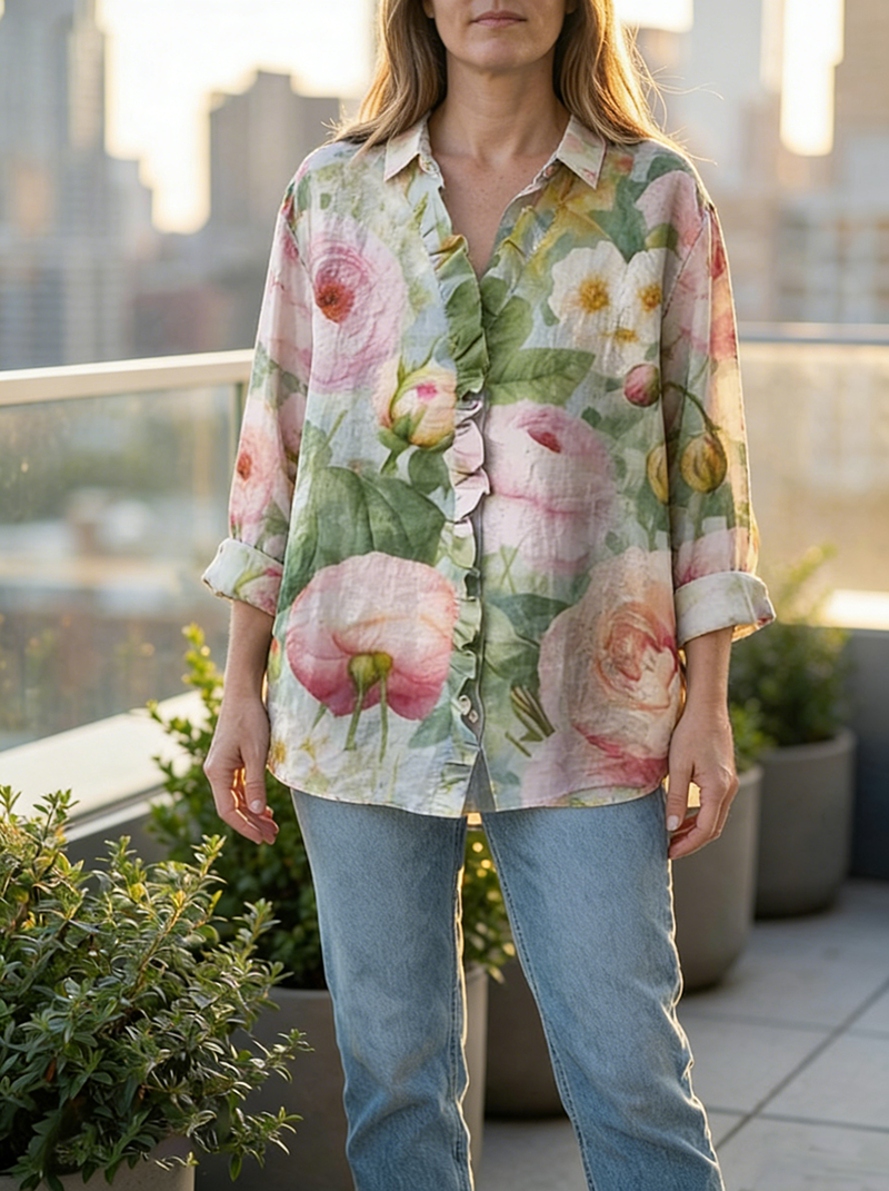 Women's Abstract Print Art Casual Cotton And Linen Shirt