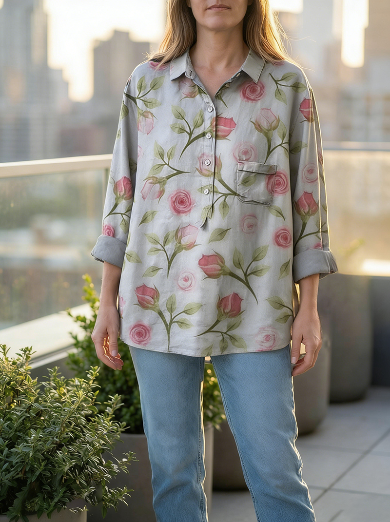 Women's Abstract Print Art Casual Cotton And Linen Shirt