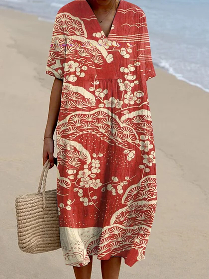 Koi Fish Playing With Sakura Flower Art Linen Blend Maxi Dress