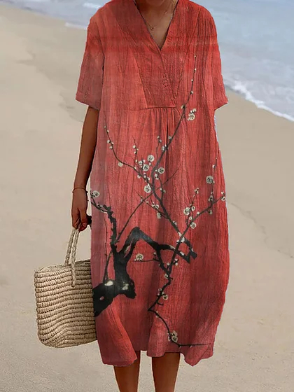 Koi Fish Playing With Sakura Flower Art Linen Blend Maxi Dress