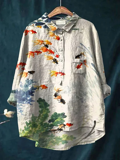 Women's Abstract Print Art Casual Cotton And Linen Shirt