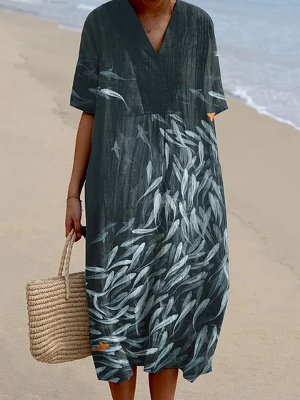 Koi Fish Playing With Sakura Flower Art Linen Blend Maxi Dress