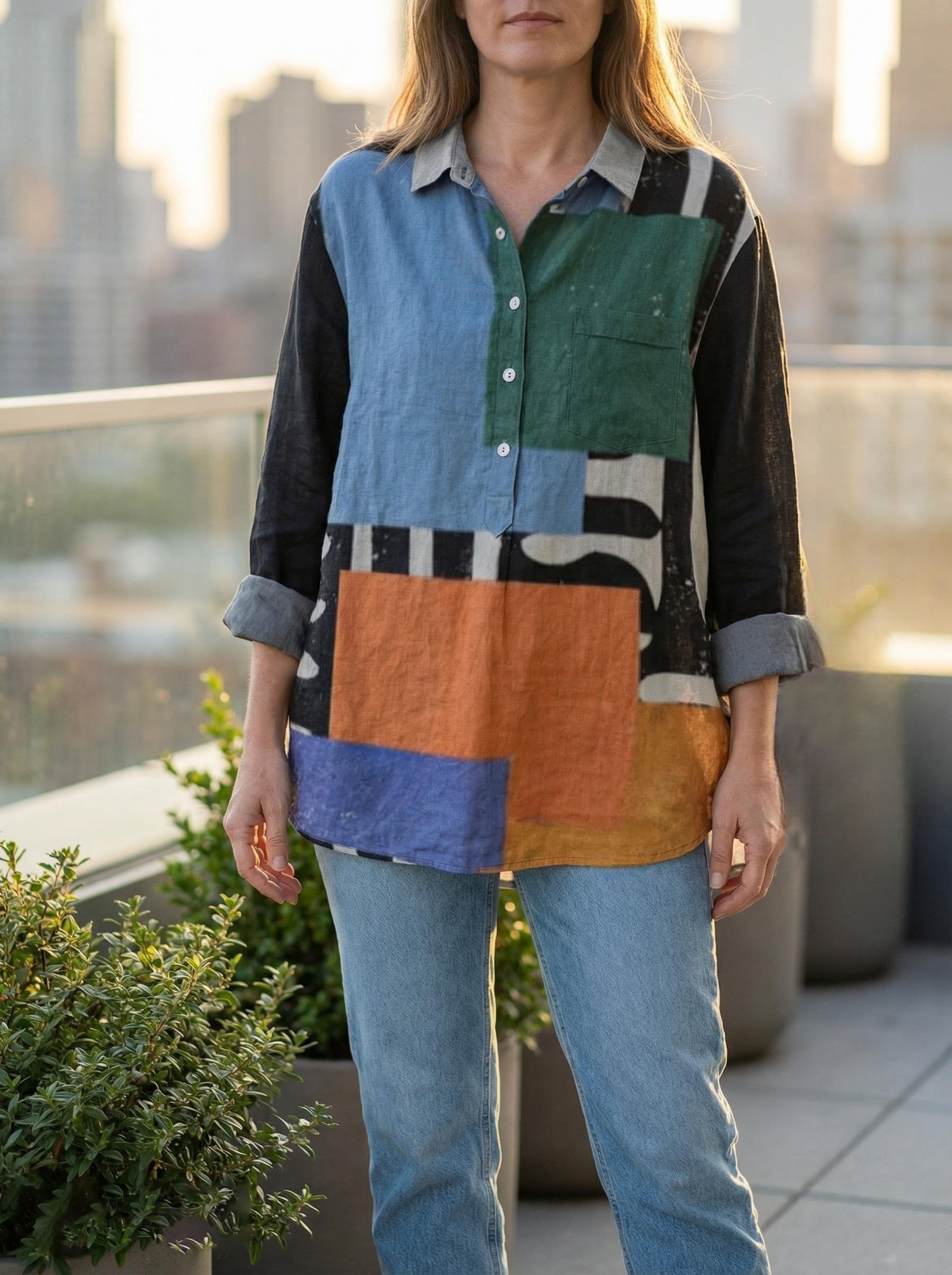 Women's Abstract Print Art Casual Cotton And Linen Shirt