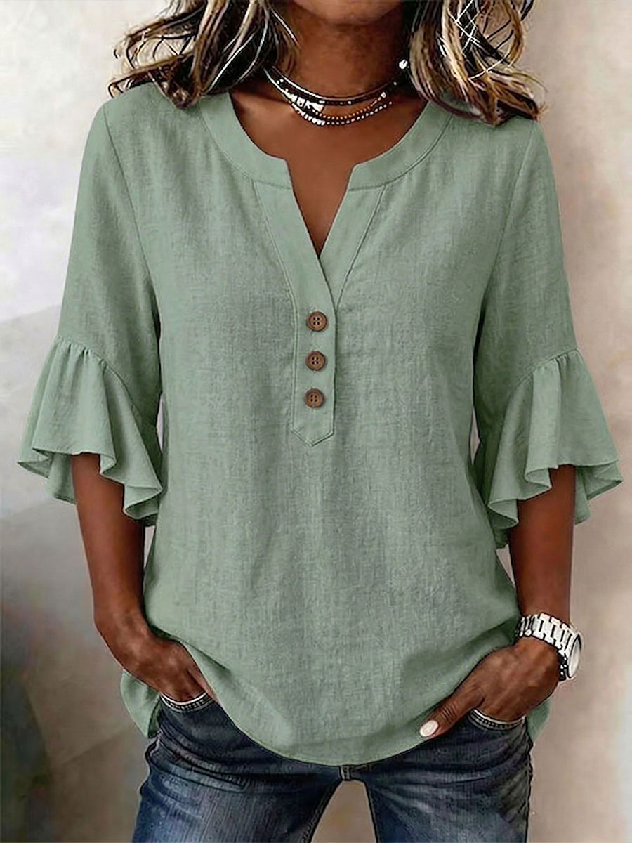 Women's Solid-color V-neck 3/4-sleeve Casual Loose Cotton-linen Top