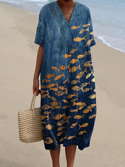 Koi Fish Playing With Sakura Flower Art Linen Blend Maxi Dress