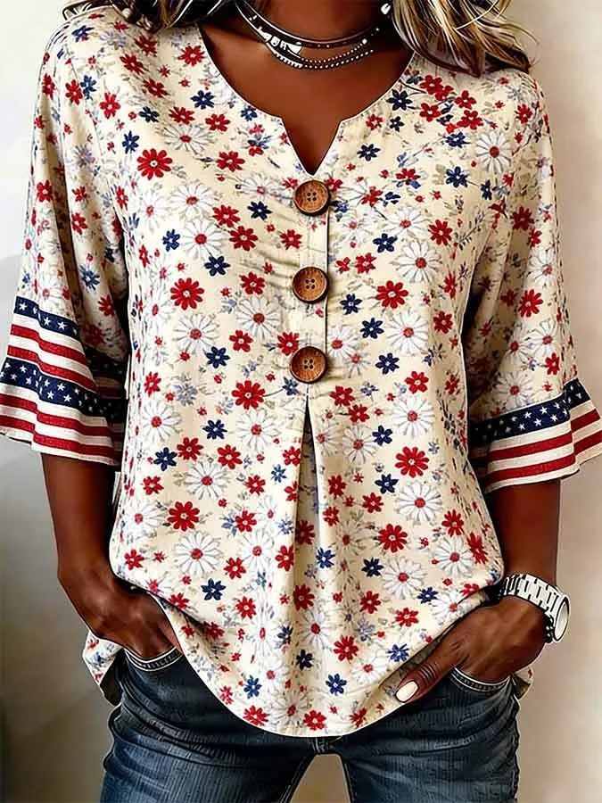 Women's 250th Anniversary Floral Digital Print Top Shirt