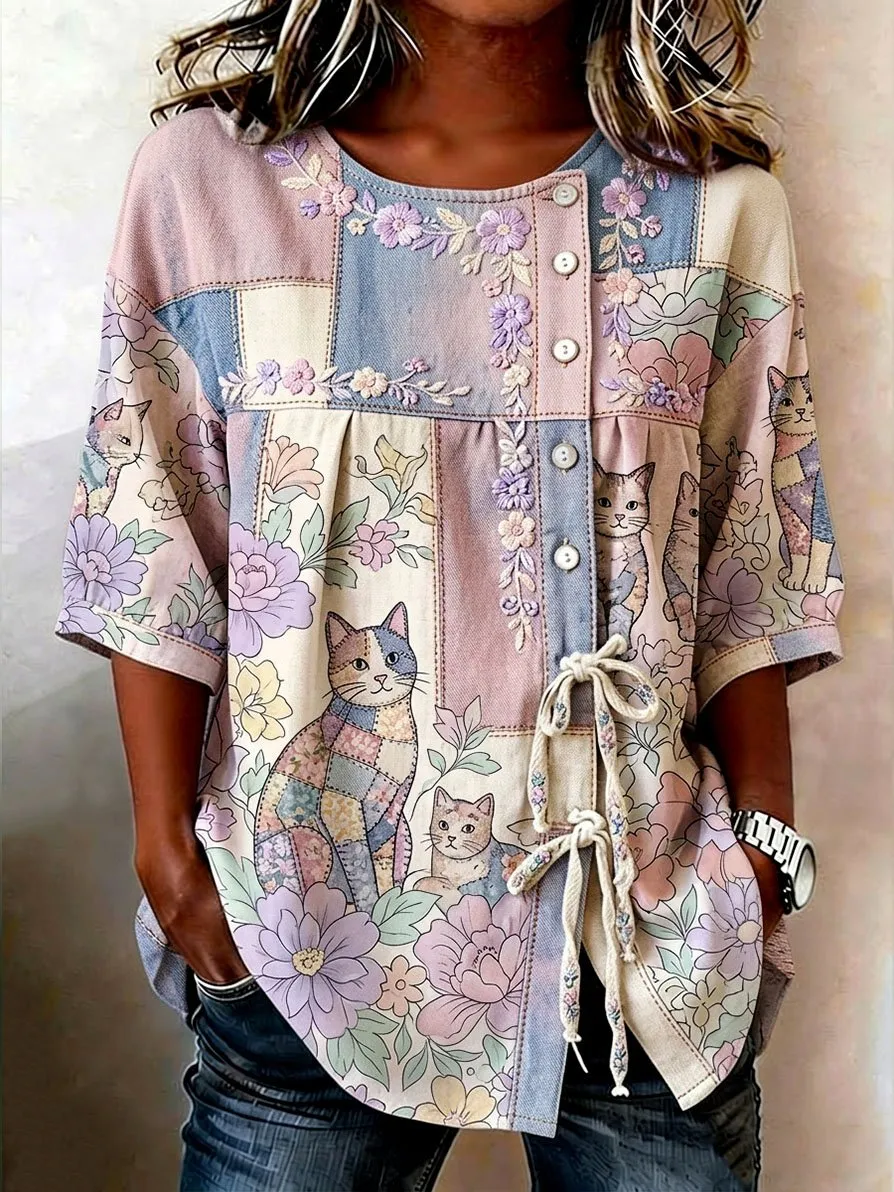 Women's Denim Cat Portrait Patchwork Art Print Casual Top