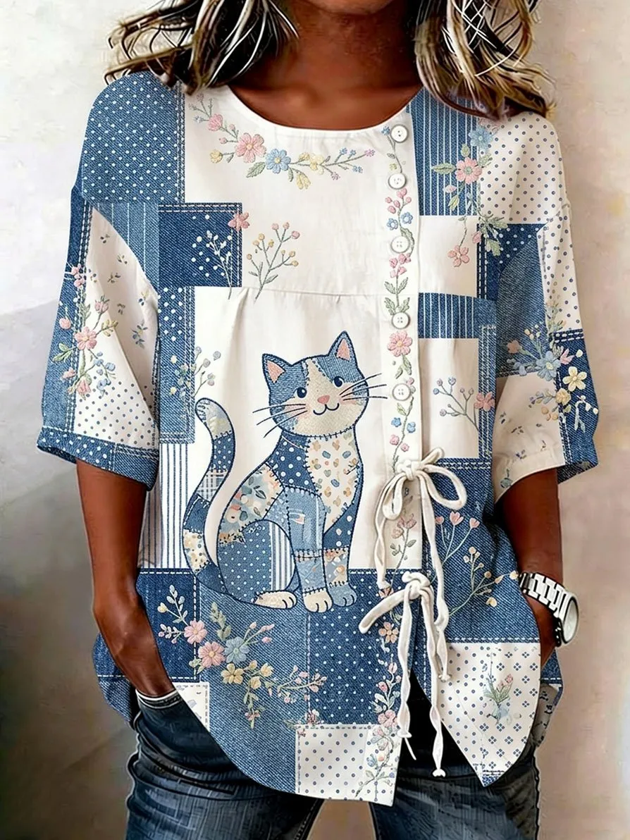 Women's Denim Cat Portrait Patchwork Art Print Casual Top