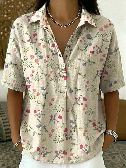 Women's vintage floral pattern art print casual cotton and linen shirt