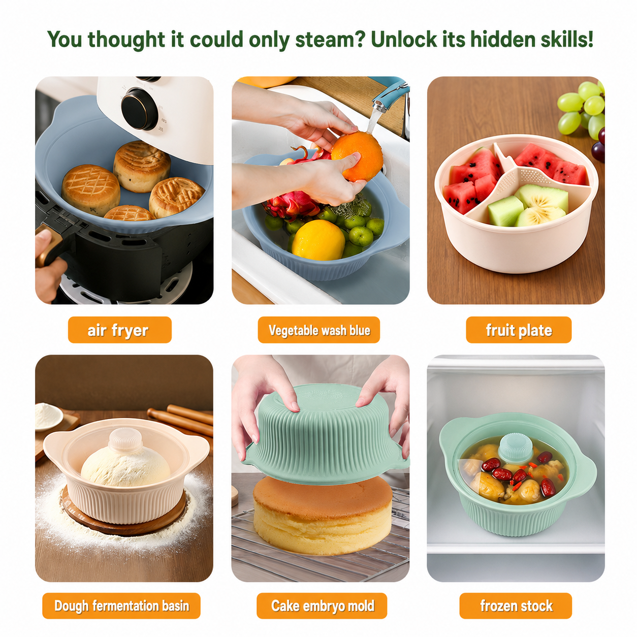 Silicone Steamer/Soup Pot Liner – Microwave & Air Fryer Safe – Includes Lid – For Low-Fat Steaming of Rice and Vegetables