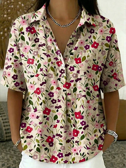 Women's vintage floral pattern art print casual cotton and linen shirt