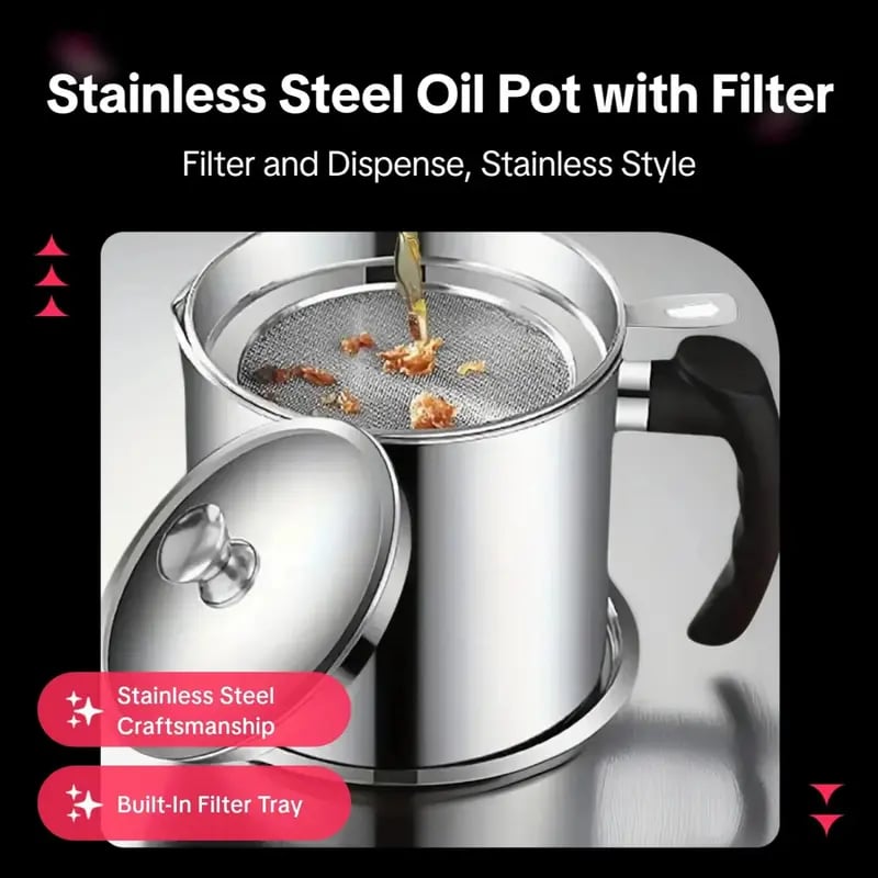 🔥 Hot sell!  1 Count Modern Kitchen Oil Dispenser with Tray & Lid,Stainless Steel Oil Pot with Filter,Bacon Grease Container, Cooking Oil Can, Kitchenware, Utensils, Kitchen Gadgets