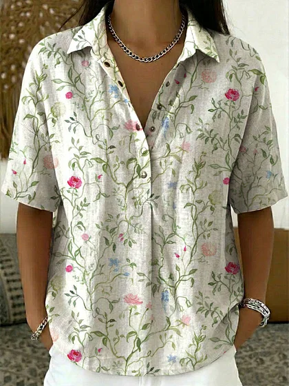 Women's vintage floral pattern art print casual cotton and linen shirt