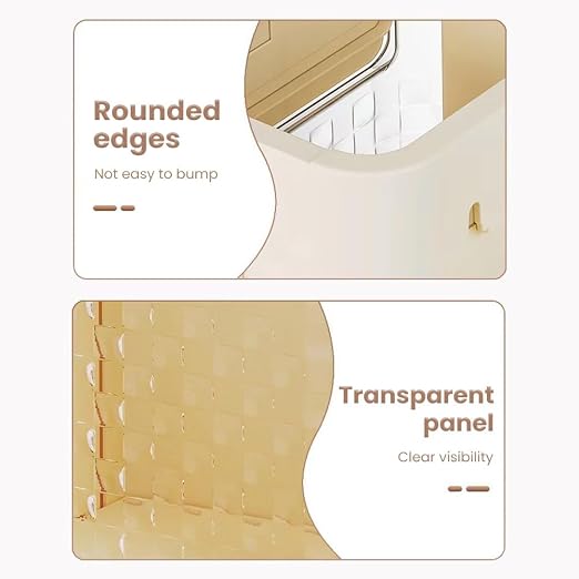 Foldable wall-mounted kitchen trash can for home use; made of plastic; installs with traceless adhesive.