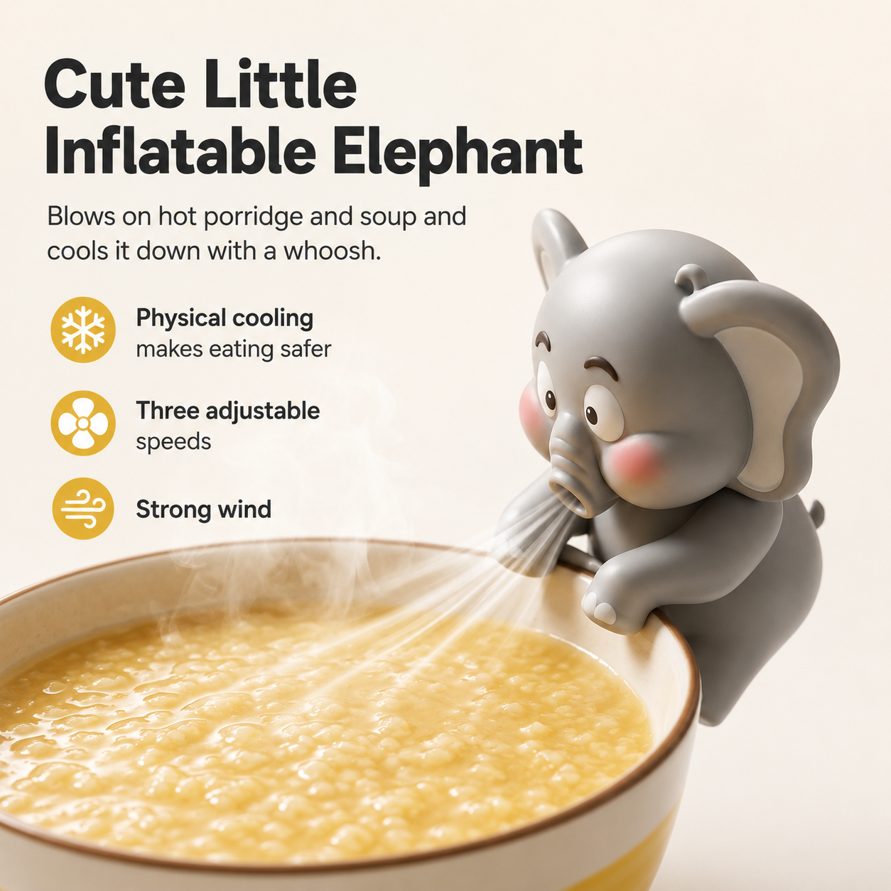 Cute dinosaur or elephant portable fan—perfect for cooling down hot food, soup, or baby meals; can be clipped onto cups or used as a desktop ornament/toy.