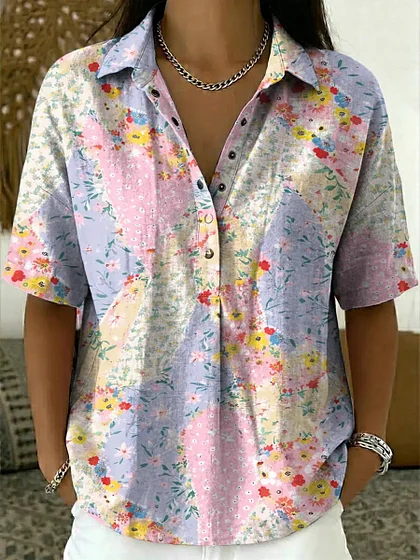 Women's vintage floral pattern art print casual cotton and linen shirt
