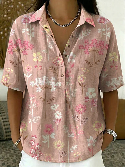 Women's vintage floral pattern art print casual cotton and linen shirt