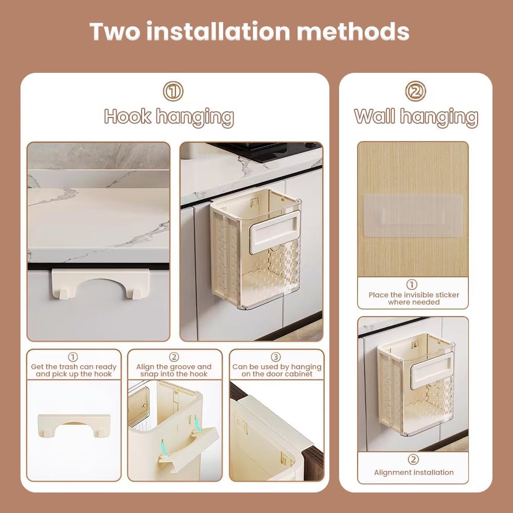 Foldable wall-mounted kitchen trash can for home use; made of plastic; installs with traceless adhesive.