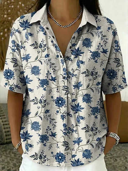Women's vintage floral pattern art print casual cotton and linen shirt