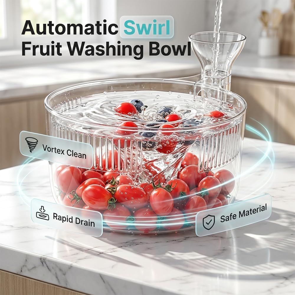 Fruit Automatic Cleaning Drainage Basket, Swirling Berry Washing Bowl, Snail Shaped Fruit Cleaner Bowl, Automatic Fruit Washing And Draining Basket