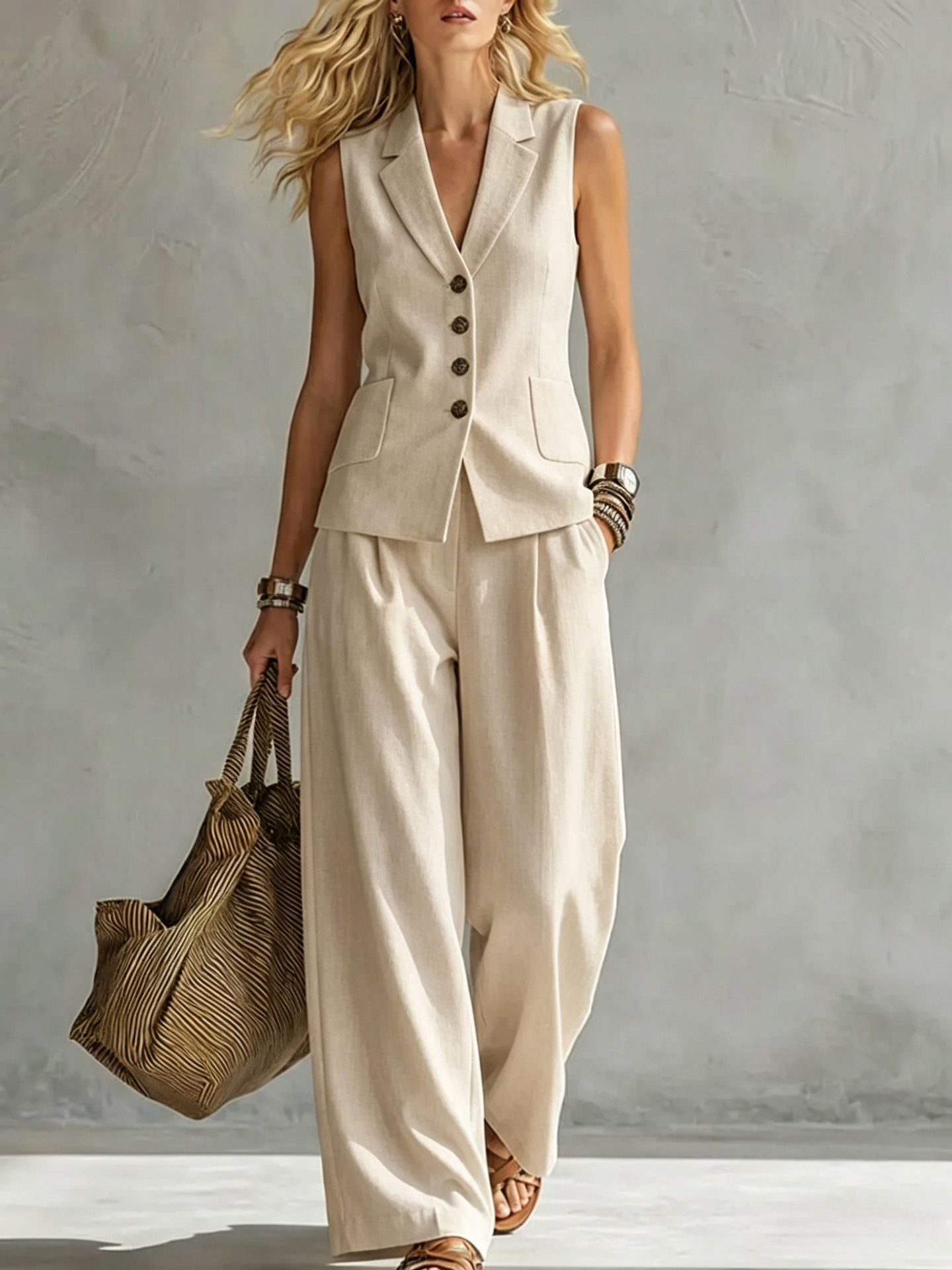 Women's Sleeveless Linen Tank Top and Pants Set in Dark Brown – earthy casual style