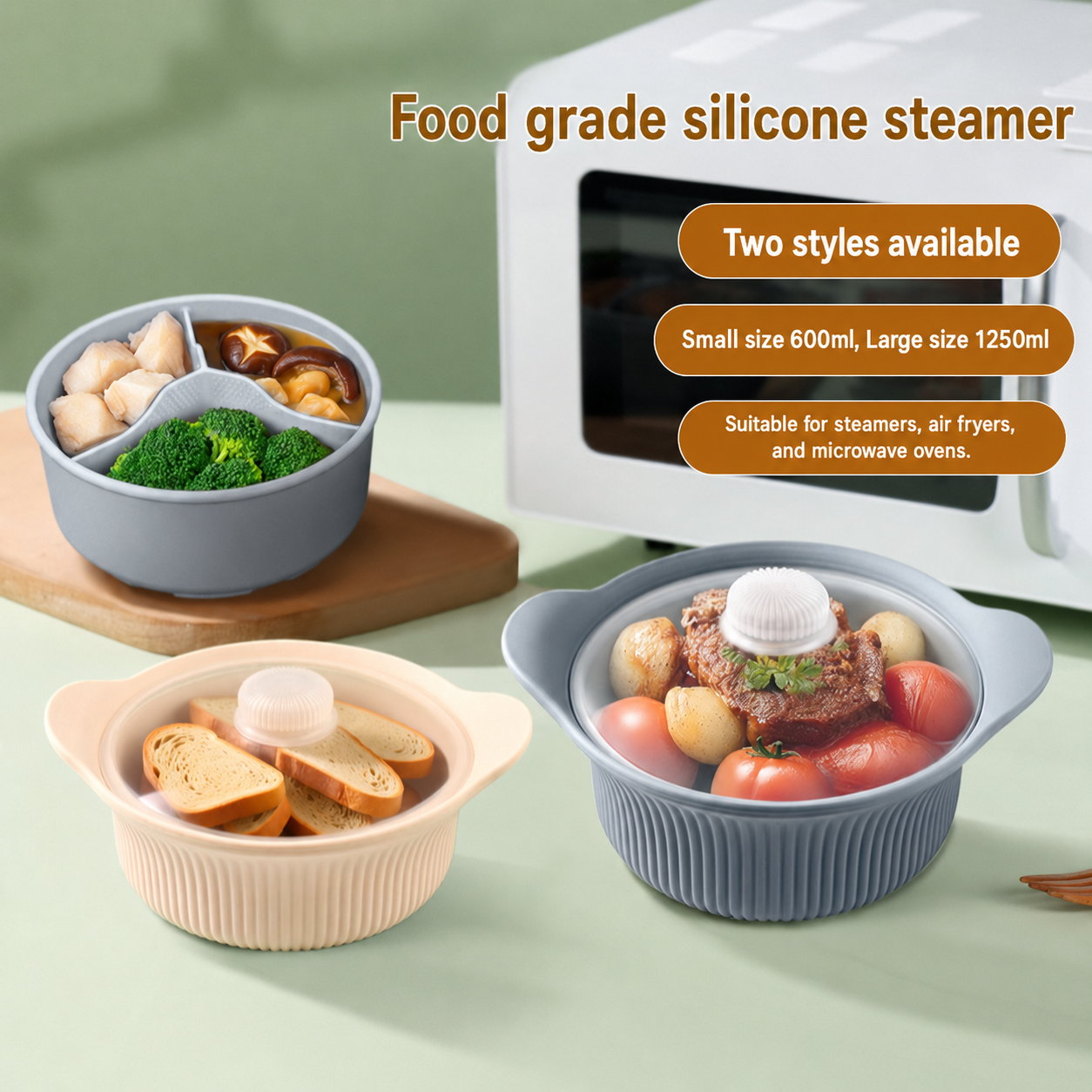 Silicone Steamer/Soup Pot Liner – Microwave & Air Fryer Safe – Includes Lid – For Low-Fat Steaming of Rice and Vegetables