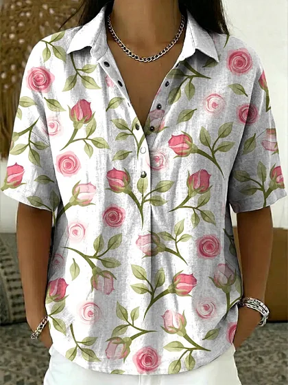 Women's vintage floral pattern art print casual cotton and linen shirt