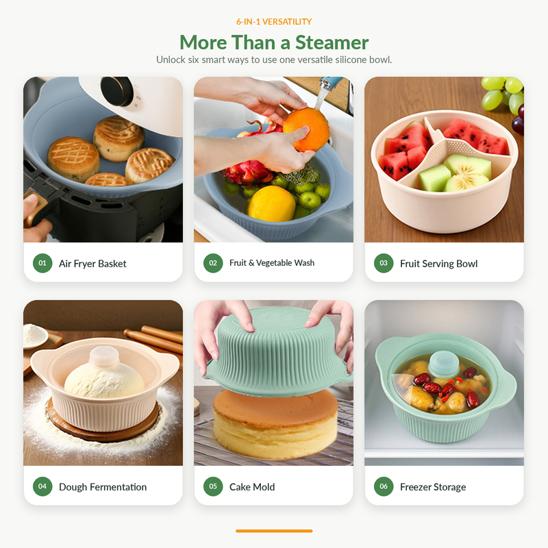 Silicone Steamer/Soup Pot Liner – Microwave & Air Fryer Safe – Includes Lid – For Low-Fat Steaming of Rice and Vegetables