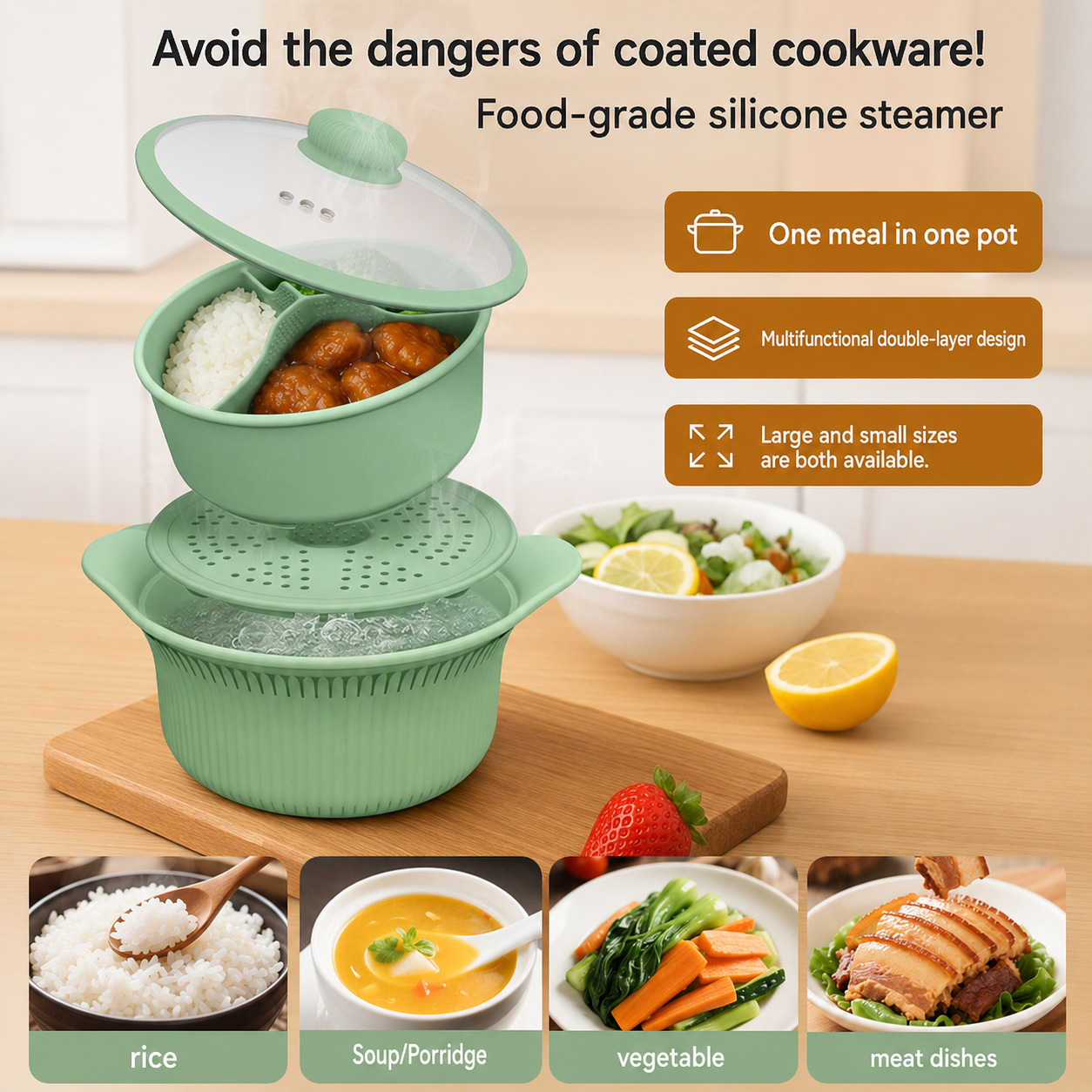 Silicone Steamer/Soup Pot Liner – Microwave & Air Fryer Safe – Includes Lid – For Low-Fat Steaming of Rice and Vegetables