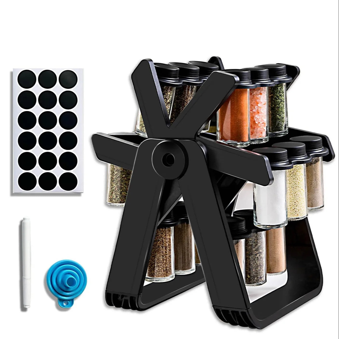 Hot sale rotating spice rack with 18 pieces glass spice jars