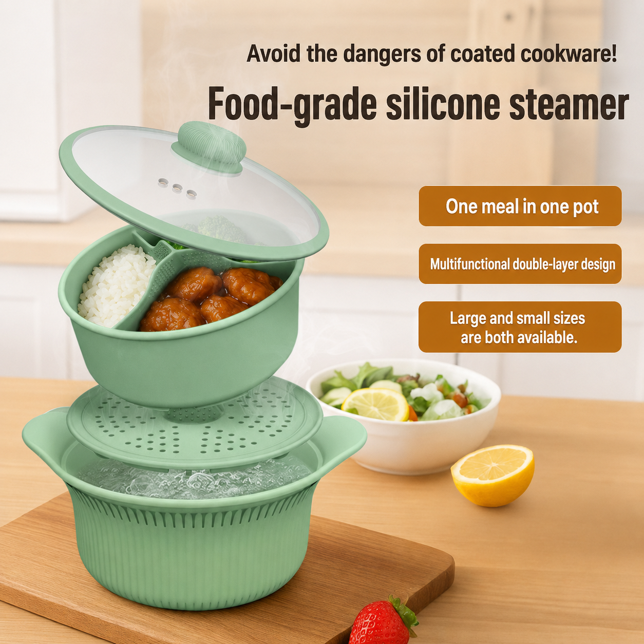 Silicone Steamer/Soup Pot Liner – Microwave & Air Fryer Safe – Includes Lid – For Low-Fat Steaming of Rice and Vegetables